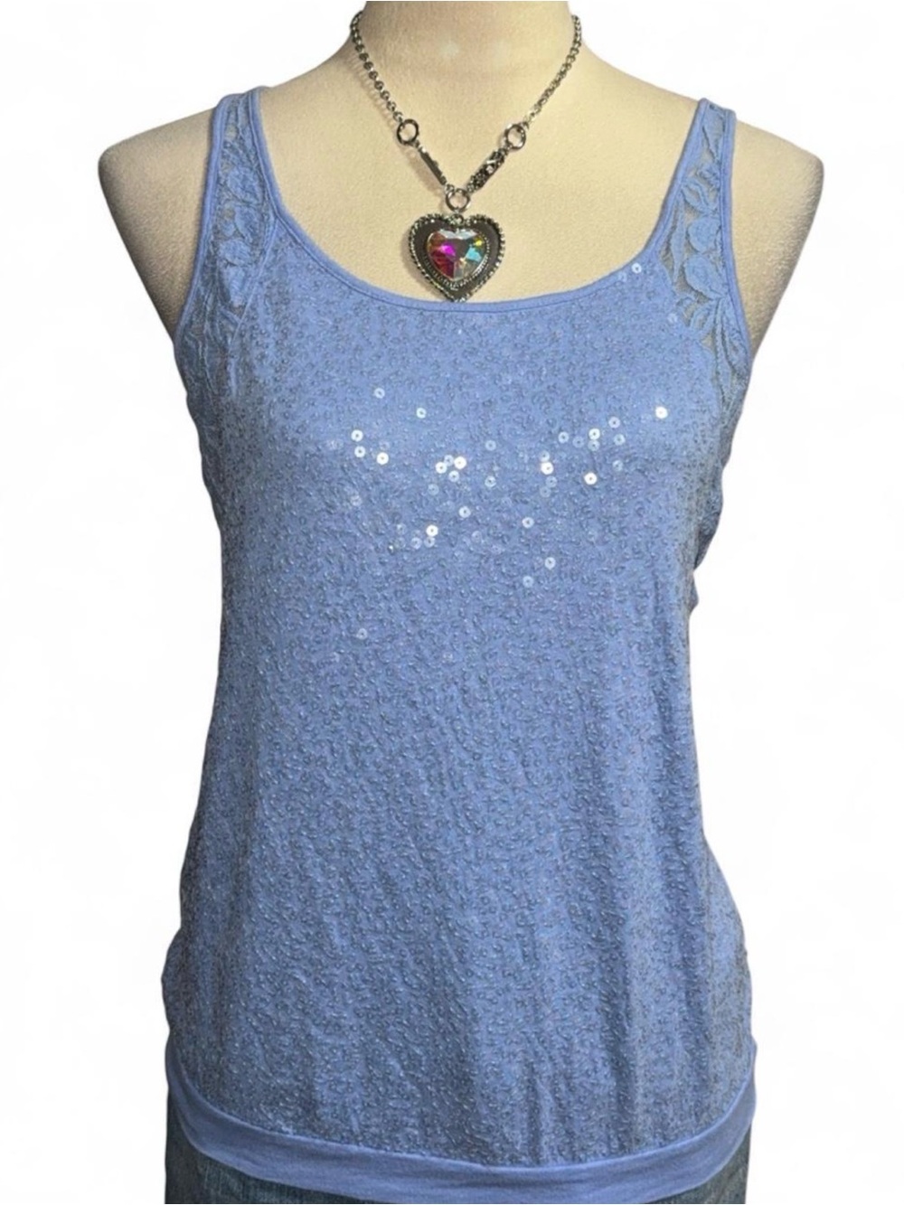 Express Light Blue Sequin Lace-Trim Tank Top